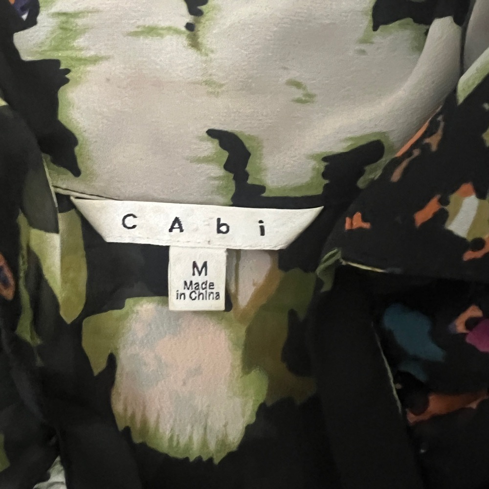 Cabi Top multicolor black floral cascade ruffle tie-front semi-sheer blouse - Picture 7 of 9